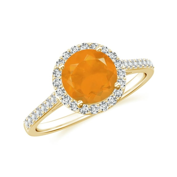 925 Sterling Silver Fire Opal Halo Ring, Moissanite Engagement Ring in Yellow Gold Plated| Round October Birthstone Wedding Ring, Birthday, Anniversary, Wedding Jewelry, Ring Size 5