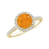 925 Sterling Silver Fire Opal Halo Ring, Moissanite Engagement Ring in Yellow Gold Plated| Round October Birthstone Wedding Ring, Birthday, Anniversary, Wedding Jewelry, Ring Size 5