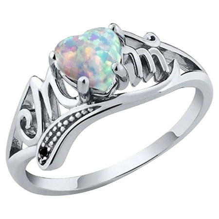 925 Sterling Silver Fire Opal MOM Character Diamond Ring