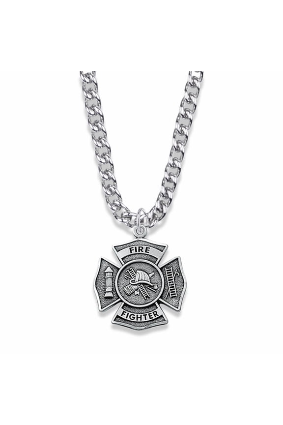 Men's 1-1/8 Inch Sterling Silver Fire Fighter Shield Medal with Cross and Philippians 4:13 on Back with Stainless Steel Rhodium Plated 24" Chain, Style Cross