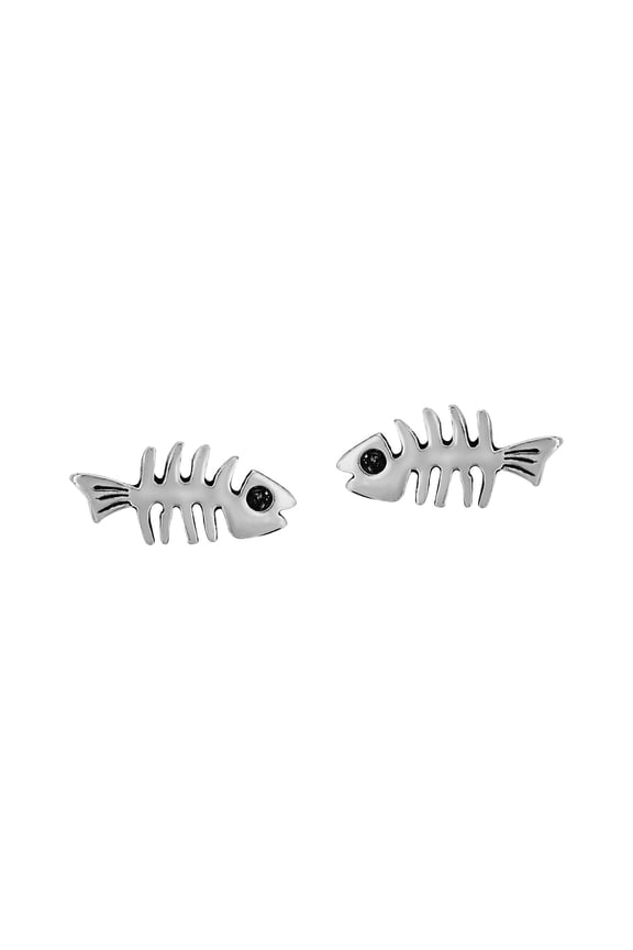 925 Sterling Silver Fish Bone Stud Earrings Unisex Small Funky Earrings for Women or Men, Fun Fashion Jewelry for Everyday Style