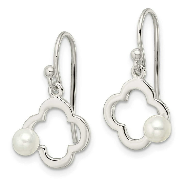 925 Sterling Silver Fish Hook Clover Drop Earrings, with Pearl