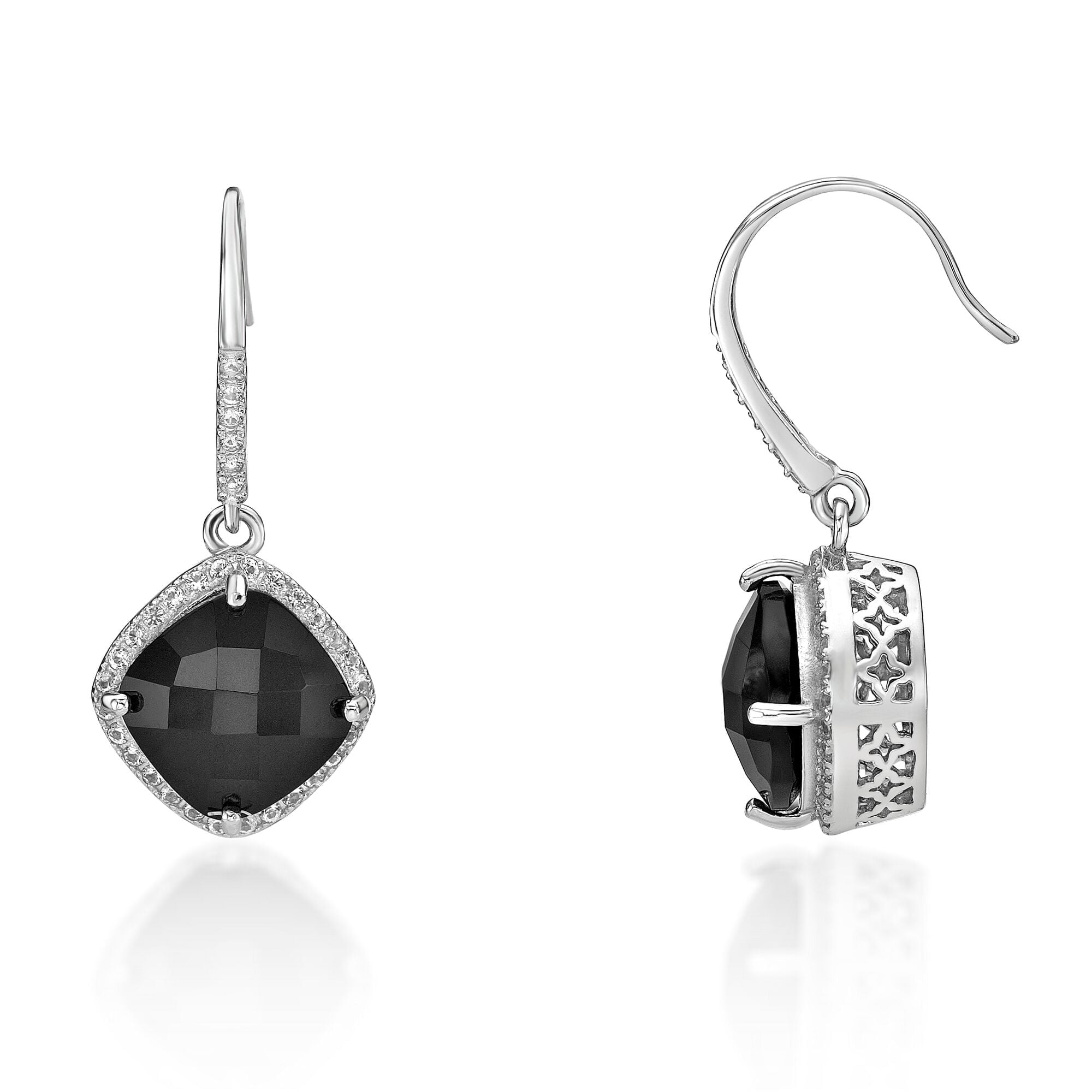 925 Sterling Silver Fish Hook Earrings With 10MM Cushion Black Onyx Fine Jewelry