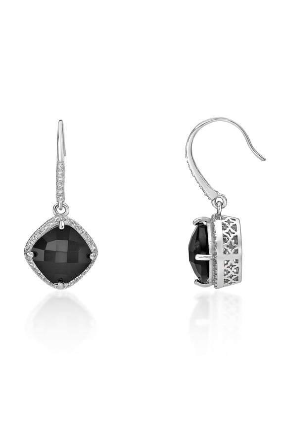 925 Sterling Silver Fish Hook Earrings With 10MM Cushion Black Onyx Fine Jewelry
