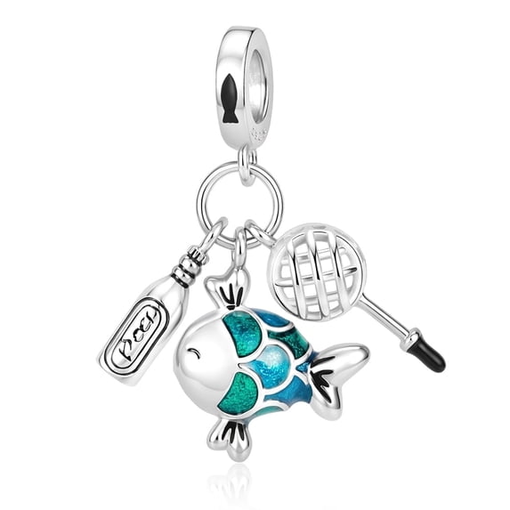 925 Sterling Silver Fishing Picnic Triple Dangle Charm For Bracelets & Bangle Pendant Jewelry