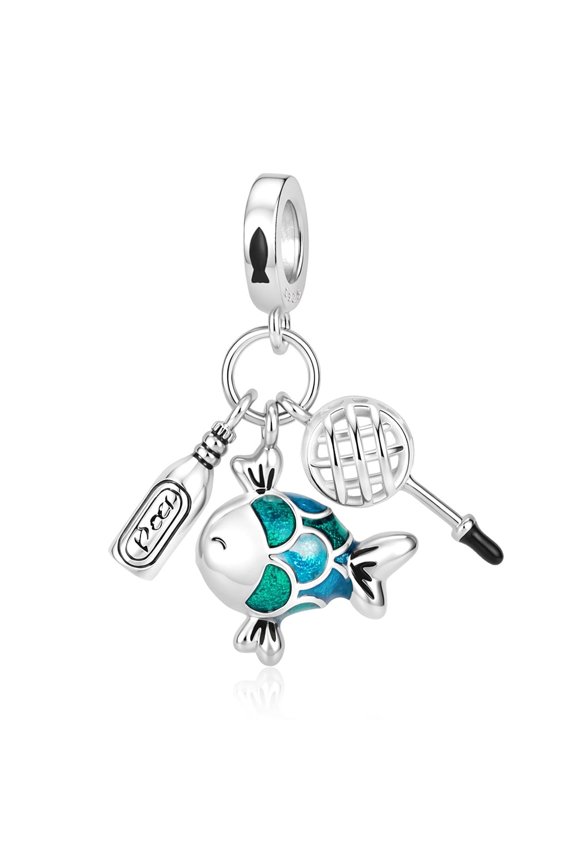 925 Sterling Silver Fishing Picnic Triple Dangle Charm For Bracelets & Bangle Pendant Jewelry