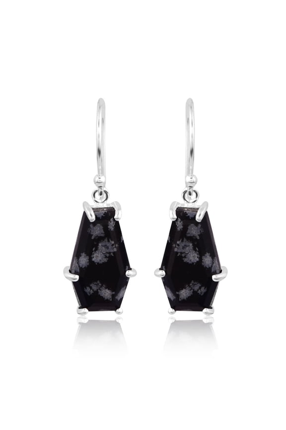 925 Sterling Silver Snowflake Obsidian Flat Cut Coffin 17X10mm Gemstone Dangle Earrings for Women