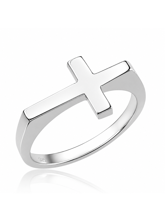 925 Sterling Silver Flat Top Sideways Cross Ring (Size 7.75)