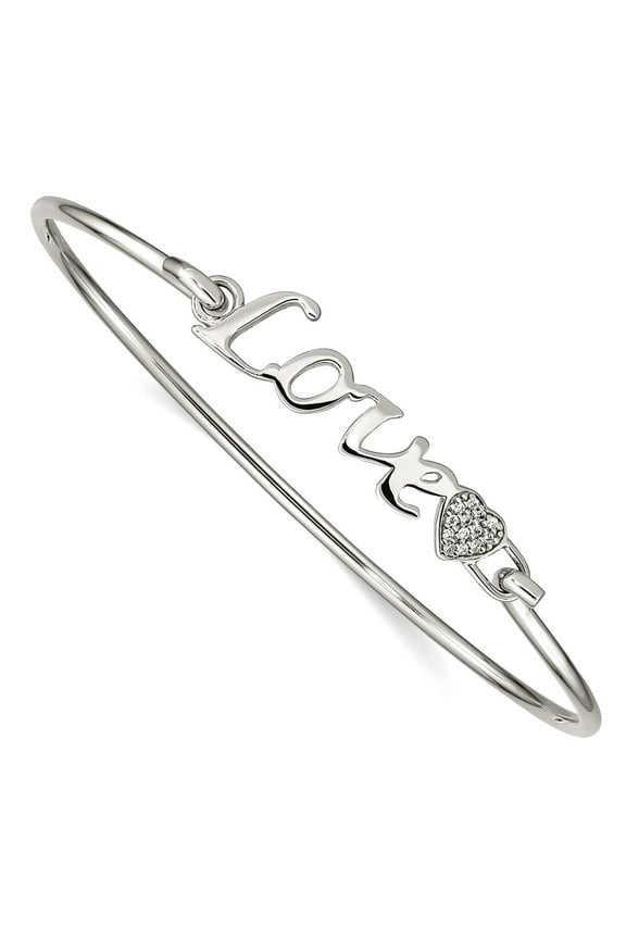 925 Sterling Silver Flexible Polished Cubic Zirconia Love With Heart Bangle Cuff Bracelet for Women