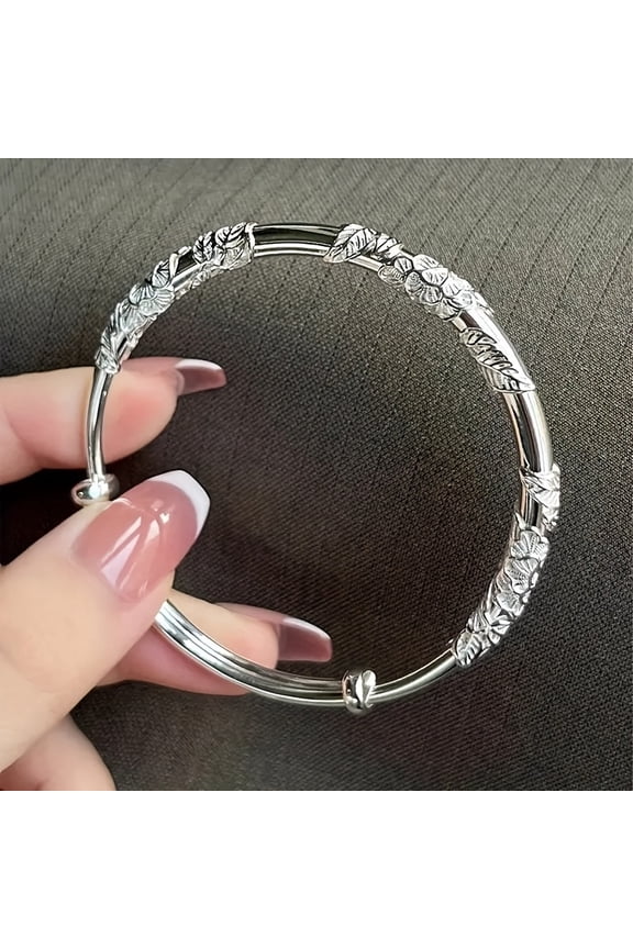 925 Sterling Silver Floral Bangle With Effortless Push-Pull Design And Exquisite Solid Craftsmanship