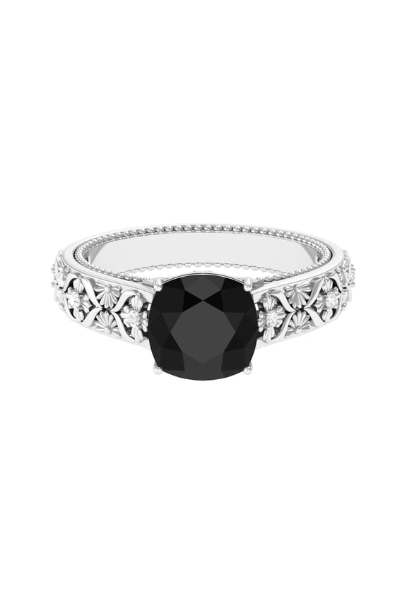 925 Sterling Silver Floral Design Cushion Cut Black Spinel Gemstone Women Engagement Ring, Anniversary Gift For Her_10.5
