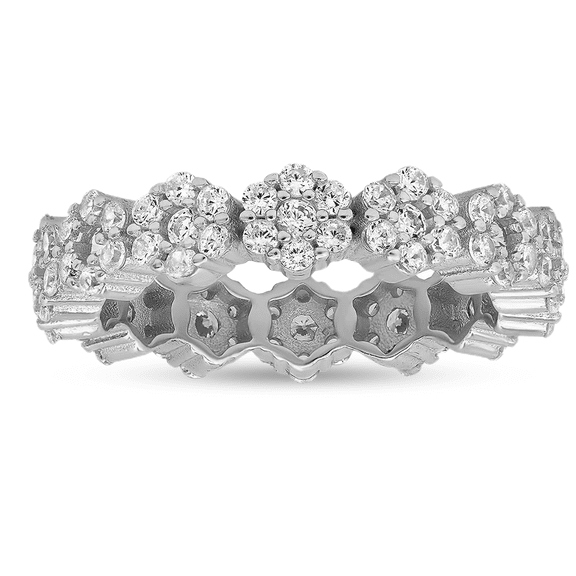 925 Sterling Silver Floral Diamond CZ Eternity Band Ring
