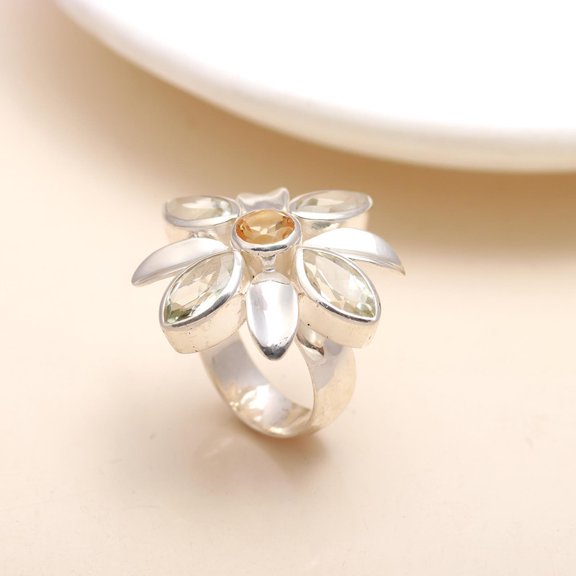 925 Sterling Silver Floral Ring, Handmade Citrine Gemstone Boho Ring, Artisan Crafted Jewelry for Women