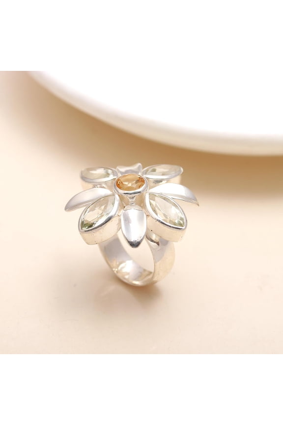 925 Sterling Silver Floral Ring, Handmade Citrine Gemstone Boho Ring, Artisan Crafted Jewelry for Women