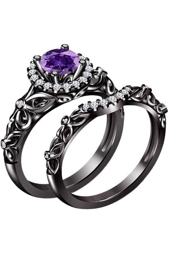 925 Sterling Silver Floral Vine Ring Set, 7mm Amethyst Halo, Black Rhodium-Plated Bridal Rings