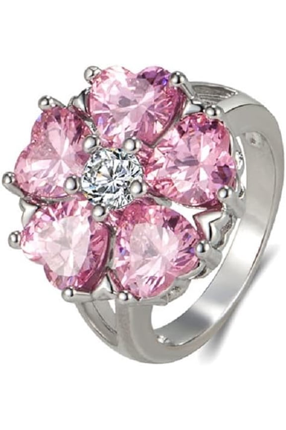 925 Sterling Silver Flower Cluster Ring for Women Pink Heart-Shaped Cubic Zirconia Rings Promise Love Halo Engagement Wedding Band Eternity Ring (8#)
