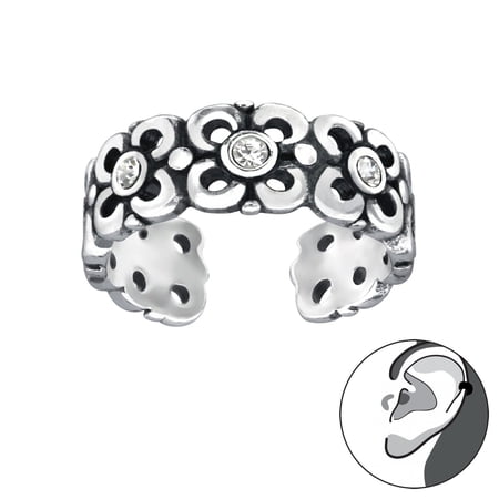 925 Sterling Silver Flower Ear Cuff with Cubic Zirconia