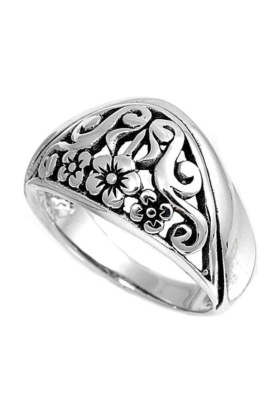 925 Sterling Silver Flower Filigree Ring Size 9
