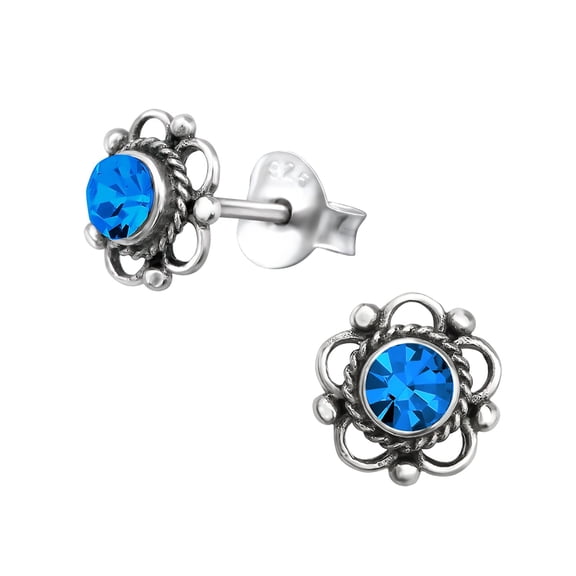 925 Sterling Silver Flower Stud Earrings with Sapphire Crystal