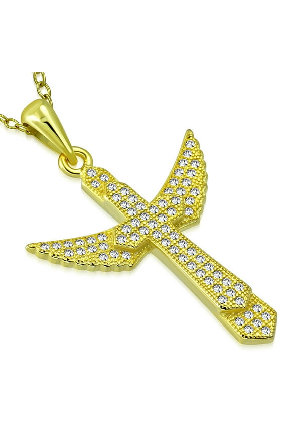 925 Sterling Silver Flying Angel Cross CZ Pendant Necklace