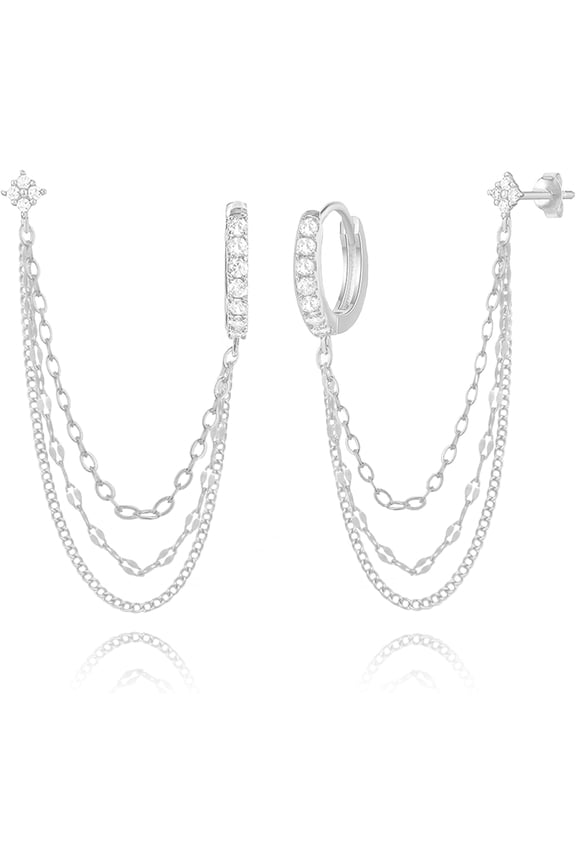Silver Plated Double Piercing Chain Earrings for Women, Flower Stud with Cubic Zirconia and Hoop Dangle Three Chains, Jewelry Gift