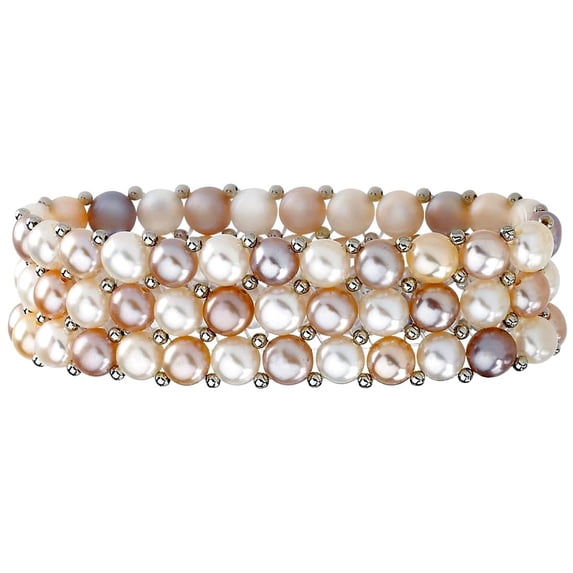 925 Sterling Silver Freshwater Cultured Natural Multi-colored Pearl 3 Row Stretch Bracelett Stretch Bracelet for Women