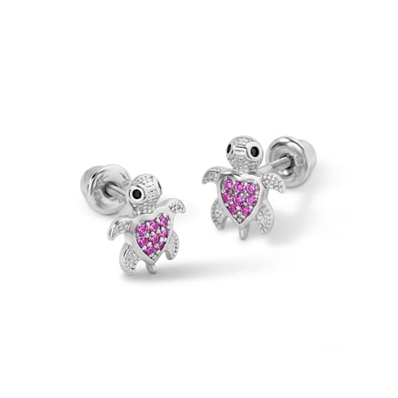 925 Sterling Silver Fuchsia Cubic Zirconia Turtle Screw Back Earrings for Girls