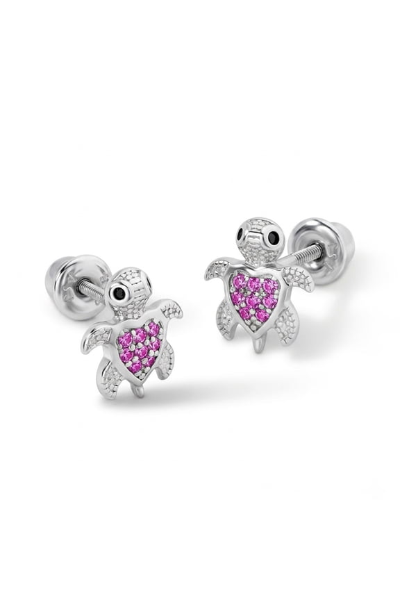 925 Sterling Silver Fuchsia Cubic Zirconia Turtle Screw Back Earrings for Girls