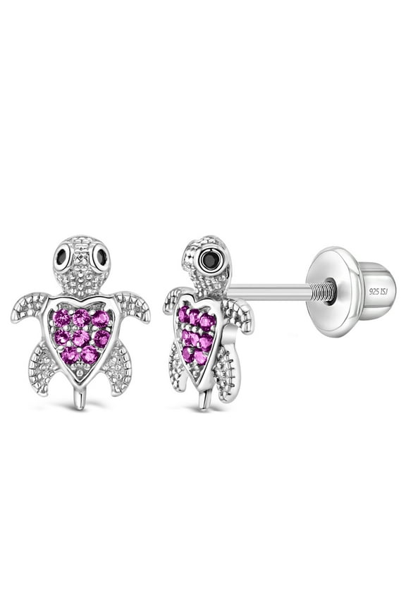 925 Sterling Silver Fuchsia Cubic Zirconia Turtle Screw Back Earrings for Girls