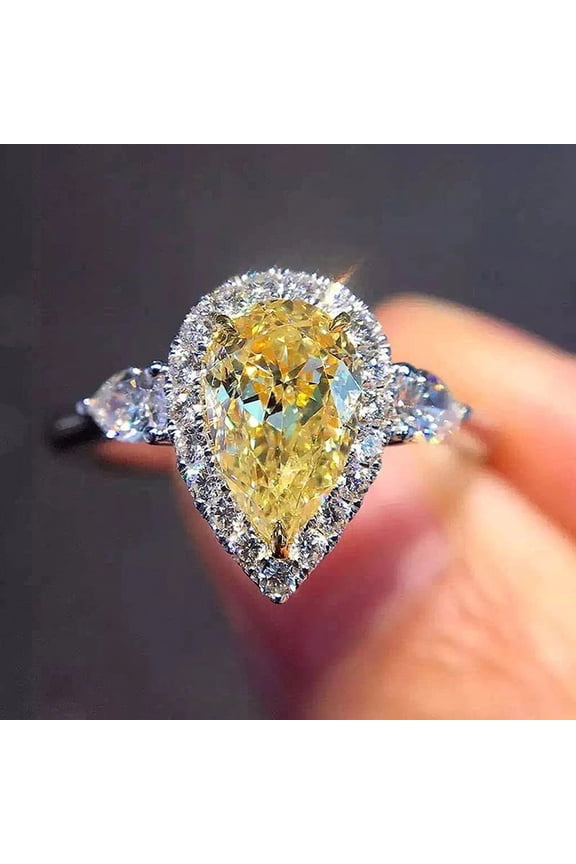 925 Sterling Silver Full Diamond Ring Shiny Citrine Ring Tear Drop 3Ct Zirconia Promise Halo Rings Yellow Gem Cocktail Rings Eternity Engagement Wedding Band Ring for Women