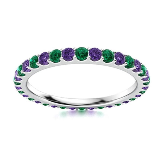 925 Sterling Silver Full Eternity 2MM Round Amethyst & Emerald Ring For Women