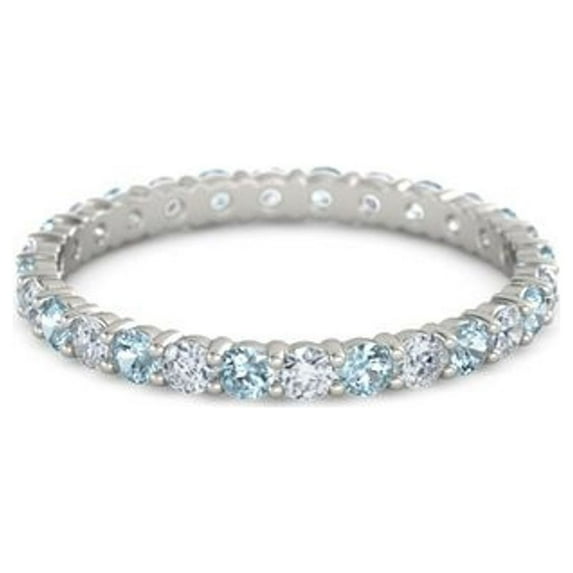 925 Sterling Silver Full Eternity Aquamarine With White Cz Round 2.50 MM Women Stacking Ring Size US- 5.5
