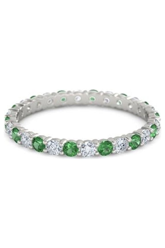 925 Sterling Silver Full Eternity Emerald With White Cz Round 2.50 MM Women Stacking Ring