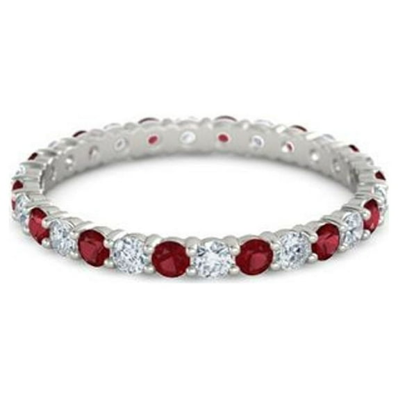 925 Sterling Silver Full Eternity Ruby With White Cz Round 2.50 MM Women Stacking Ring (Sterling Silver, 6.5)