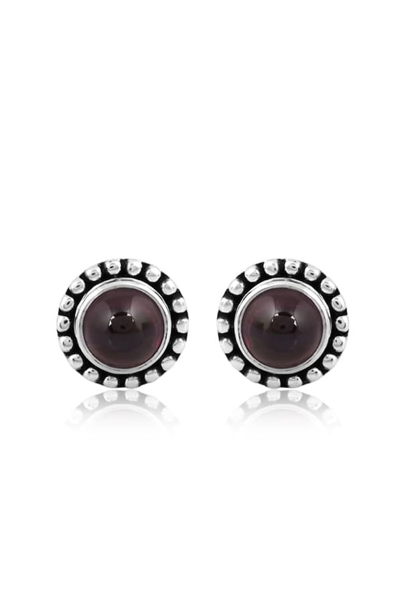 925 Sterling Silver Garnet Cabochon Round 6mm Gemstone Oxidized Stud Earrings for Women