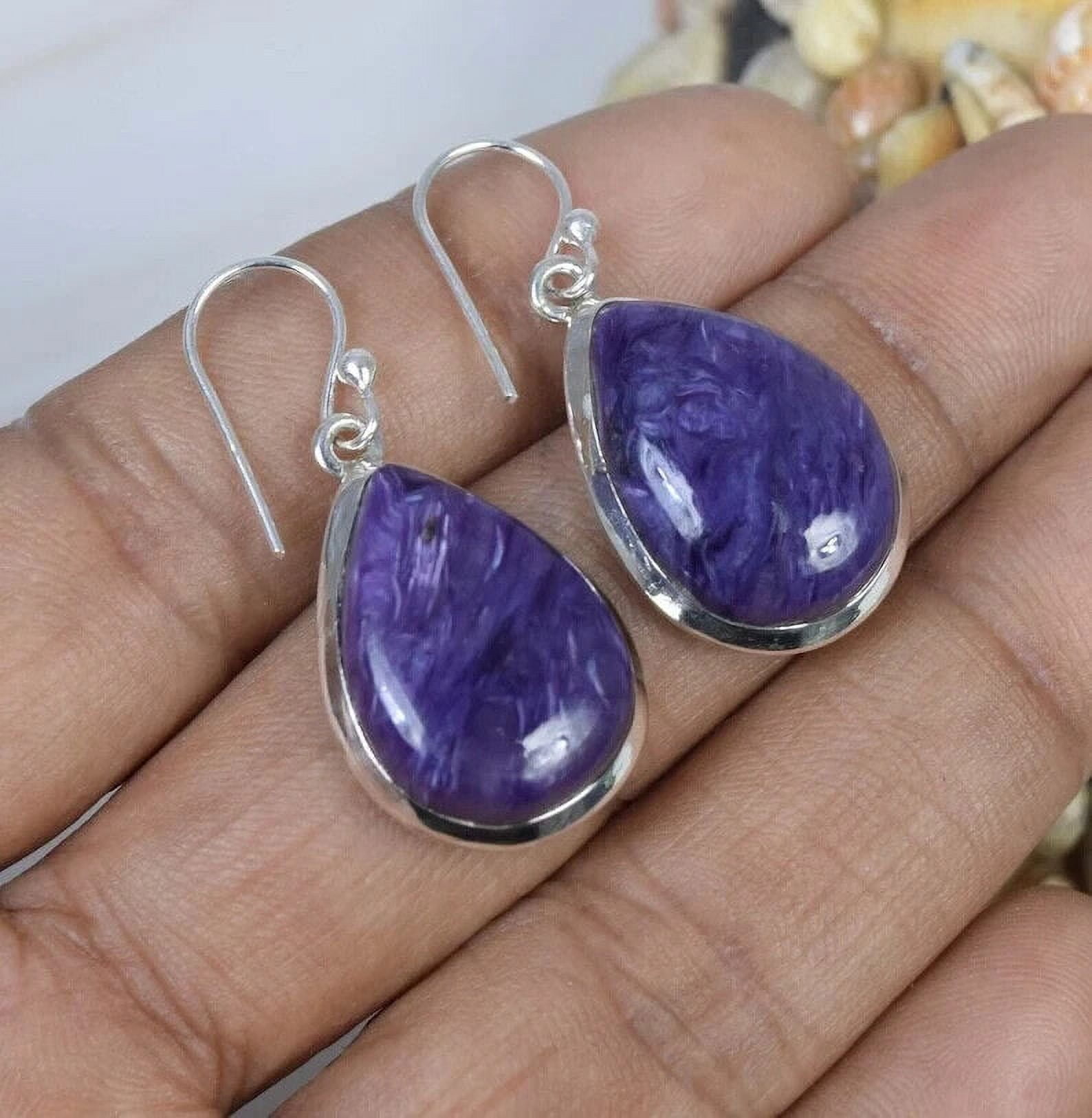 ARENAGEMSJEWELLERY 925 Sterling Silver Gemstone, Gift For Birthday, Purple Charoite Gemstone Hook Earring