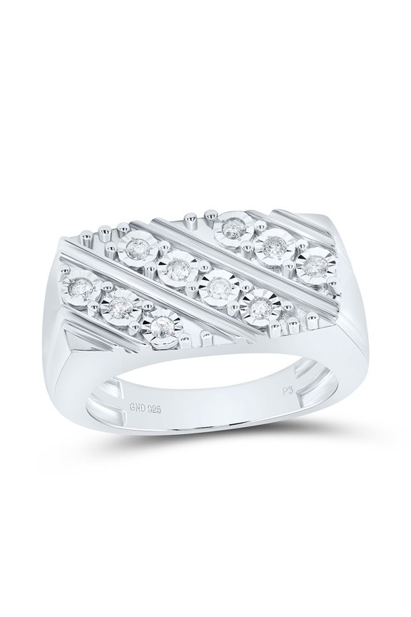 925 Sterling Silver Genuine Diamond Diagonal Grooved Rectangle Pinky Ring 1/4 CT