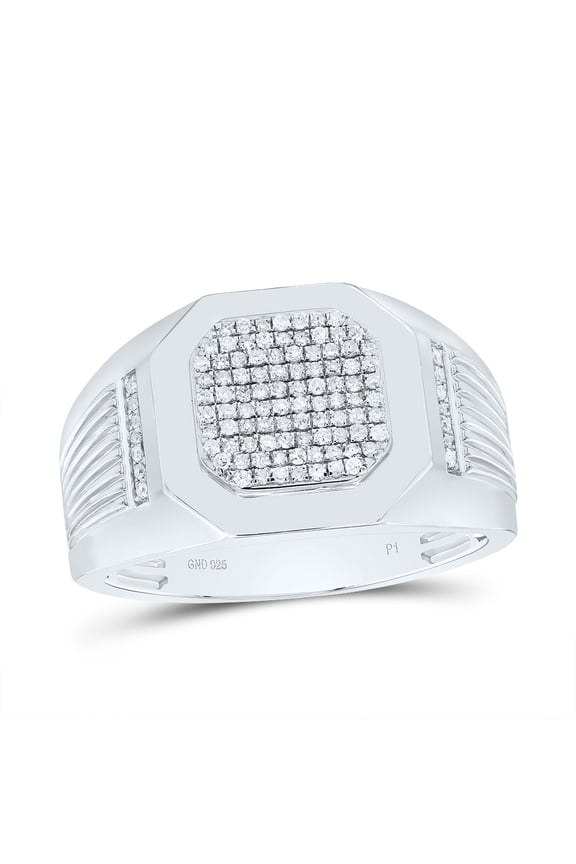 925 Sterling Silver Genuine Diamond Grooved Round Octagon Top Pinky Ring 1/3 CT