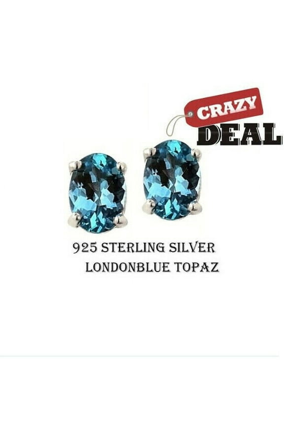 925 Sterling Silver Genuine London Blue Topaz 5X7 Oval Stud Earrings