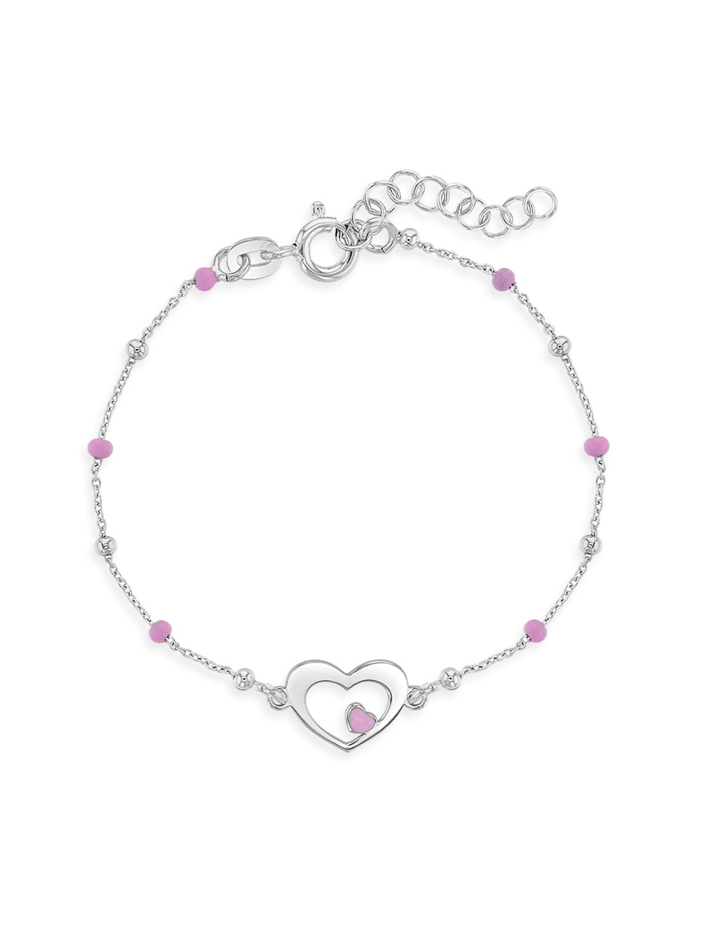 925 Sterling Silver Girl's Adjustable Pink Enamel Heart & Round Beads