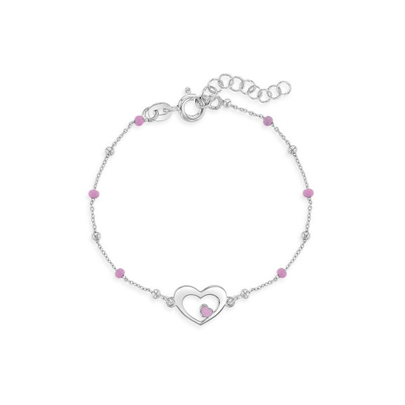 925 Sterling Silver Girl's Adjustable Pink Enamel Heart & Round Beads Bracelet