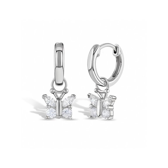925 Sterling Silver Girls Clear Cubic Zirconia Butterfly Dangle Hoop Earrings