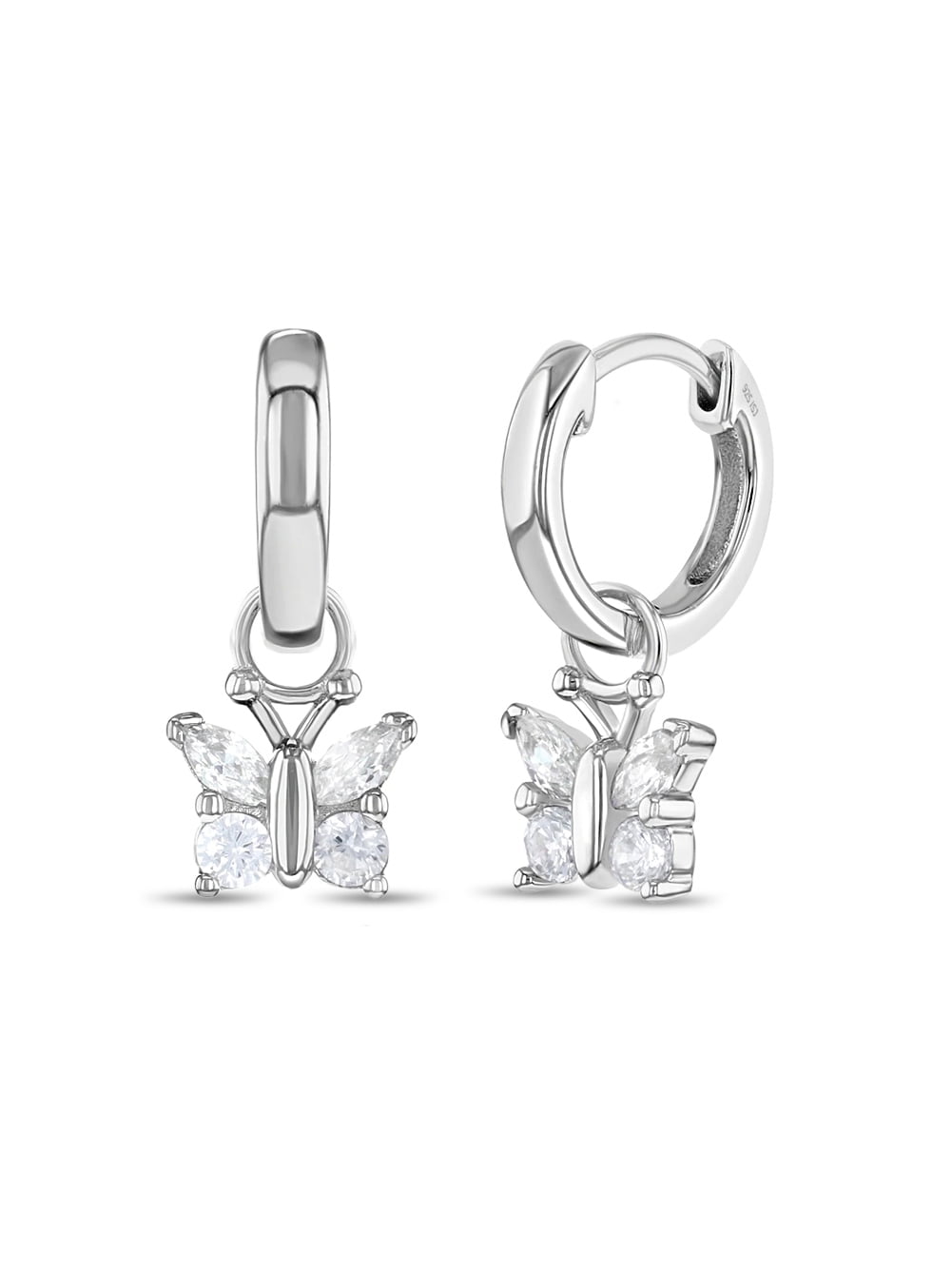 925 Sterling Silver Girls Clear Cubic Zirconia Butterfly Dangle Hoop Earrings