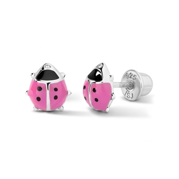 925 Sterling Silver Girls Enamel Ladybug Earrings with Safety Screw Back Toddler