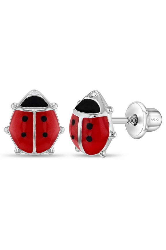 925 Sterling Silver Girls Enamel Ladybug Earrings with Safety Screw Back Toddler