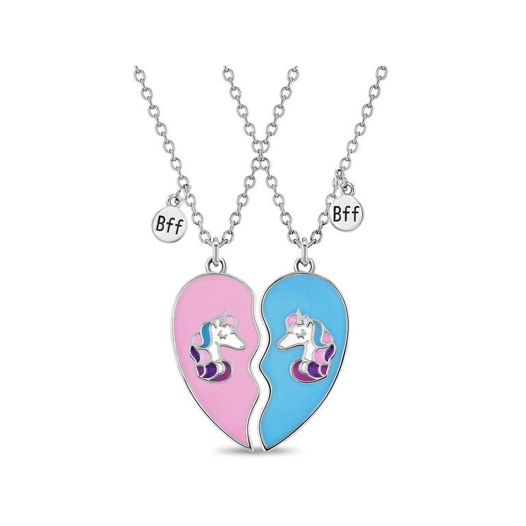 925 Sterling Silver Girls Pink Blue Enamel Unicorn Best Friends Necklaces 16