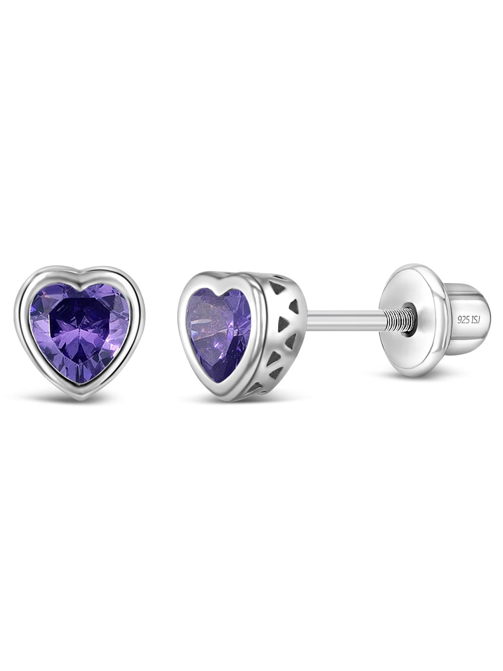 925 Sterling Silver Girls Simulated Amethyst Birthstone Heart Screw Back Earring