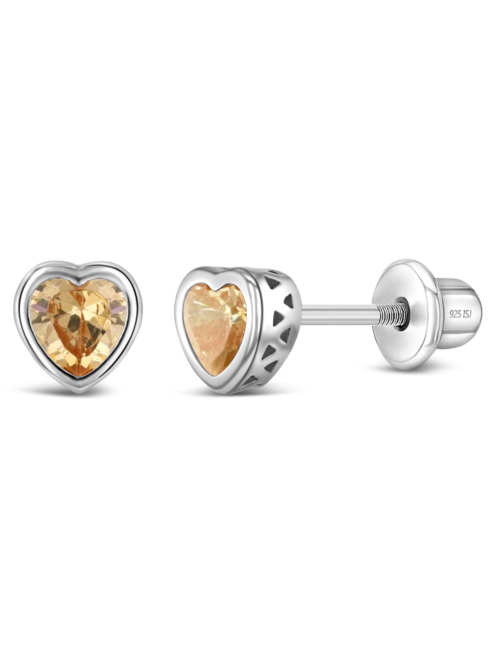 925 Sterling Silver Girls Simulated Citrine Birthstone Heart Screw Back Earrings