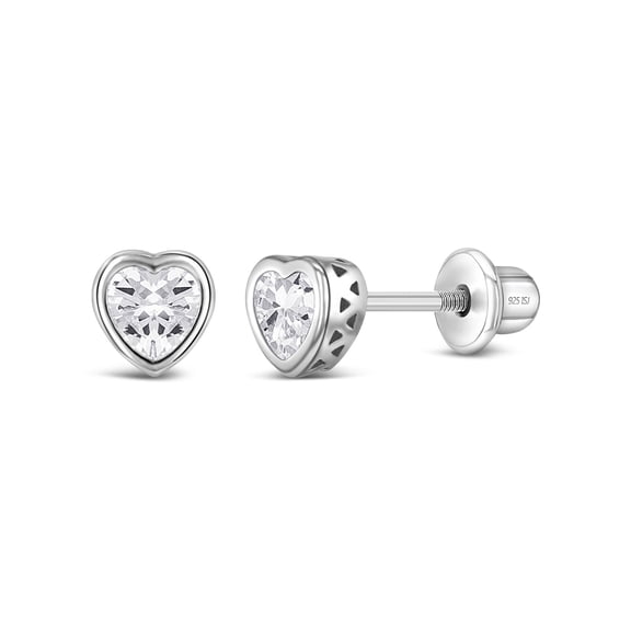 925 Sterling Silver Girls Simulated Diamond Birthstone Heart Screw Back Earrings