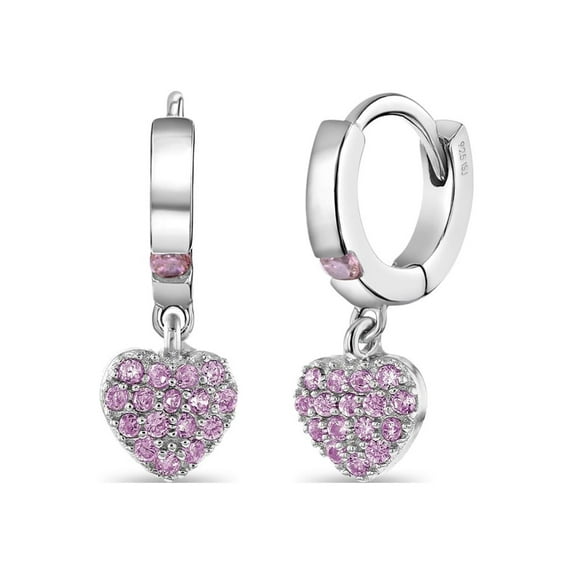 925 Sterling Silver Girls Small Hoop Pink CZ Heart Dangle Earrings Toddlers Kids